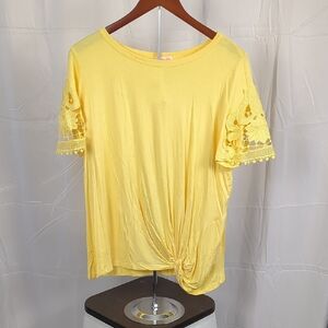 Lace Sleeve Knot Detail Women's Tee - Yellow